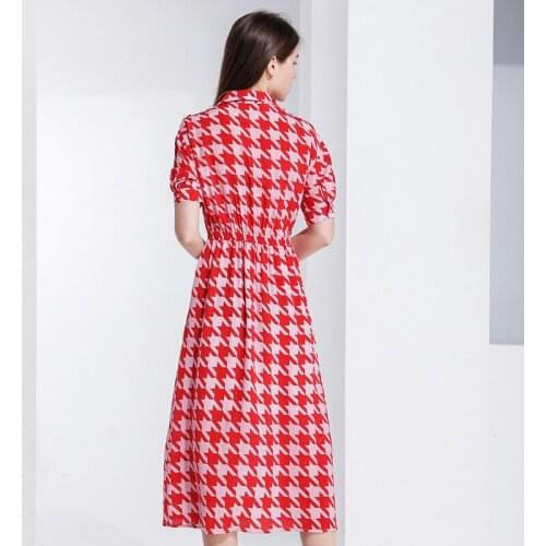 White Red Dogtooth Floral Silk Dresses Women 2021 Summer Long Casual Sexy Office Work Daily Dress Plus Size Slim Fit A Line
