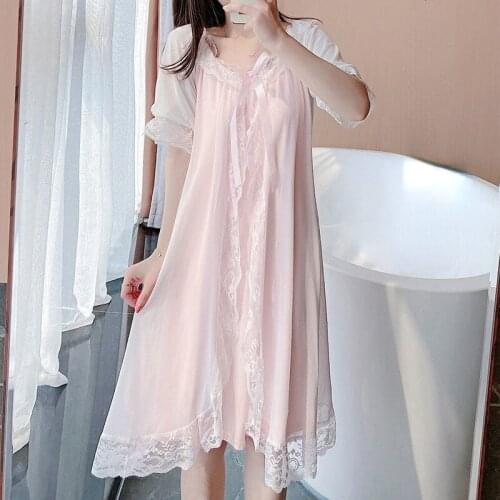 Women Fairy Night Dress Sweet Mesh Lace Peignoir Victorian Vintage Kawaii Romantic Nightgowns Lolita Nightie Princess Sleepwear