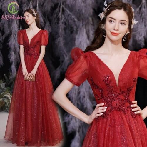 SSYFashion New Red Evening Dress Sexy V-neck A-line Puff Sleeve Lace Appliques Floor-length Formal Party Gown for Women Vestidos