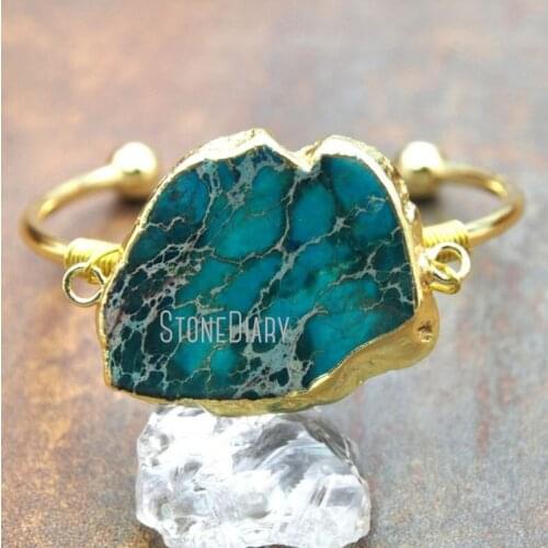 10Pcs Latest Wire Wrap Gold Plating Free Form Bangle Blue Green Imperial Jaspers Bangle For Less Adjustable BM14988