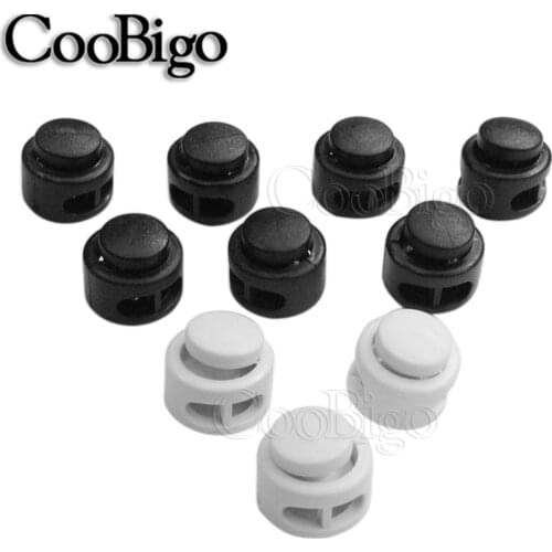 100pcs Plastic Black & White Cord Lock Clamp 2 hole Toggle Clip Stopper 2mm Rope Paracord Garment Shoes Accessories 13.5 x 13mm