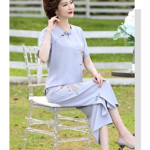 2021 Vintage Elegant Floral Pattern Outfits Elastic Waist 2 Piece Set Women Short Sleeve Blouse Top Wide Leg Pants Sets M-3XL