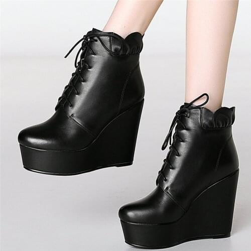 Lace Up Winter Oxfords Women Genuine Leather Wedges High Heel Ankle Boots Female High Top Round Toe Chunky Platform Pumps Shoes