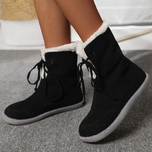 Snow Boots Women Plush Warm Shoes Non Slip Ladies Flats Casual Lace Up Mid Calf Boots Fashion Footwear Female Plus Size Winter