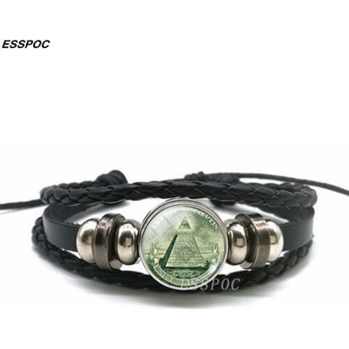 Ancient Egyptian Pyramids Glass Dome Bracelet Art One Dollar Triangle Black Leather Bracelet Fashion Jewelry for Women
