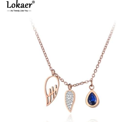 Lokaer Titanium Stainless Steel Angel Wings & Water Drop CZ Crystal Charm Pendant Jewelry Chain Choker Necklace For Women N19094