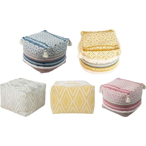 Boho Pouf Cover Footrest Cushion Tufted Four-corner Tassel Farmhouse Textured Living Room Ornaments