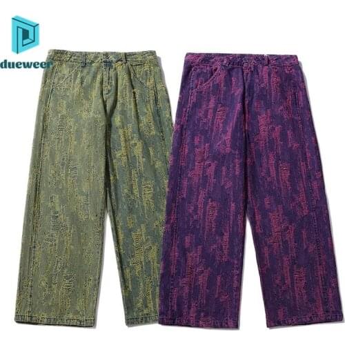 Dueweer Tie Dye Wide Leg Jeans Streetwear Baggy Denim Jeans Hip Hop Ripped Jeans Pants Retro Washed Hole Denim Trousers