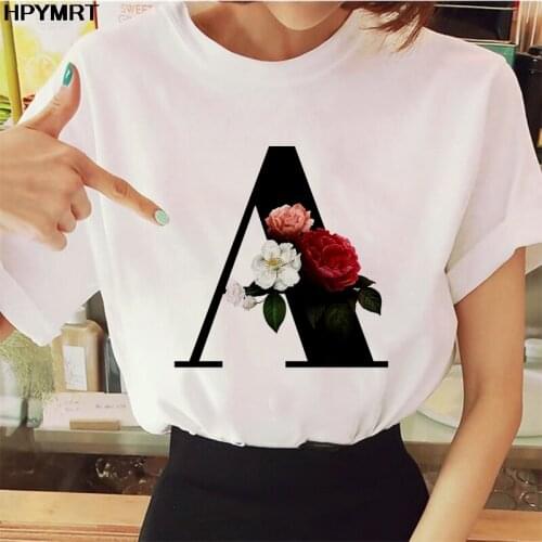 26 Alphabet Letter With Flowers Print O-neck T-shirt Harajuku Casual White Tops Tees Women 2021 New Summer Casual Female T-Shirt