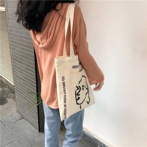 Women Canvas Bag Large Capacity Tote Stick Figure Printed Shoulder Bags Handbag Eco Cotton Cloth Fabric Shopping Bags For Girls