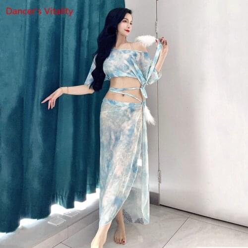 Belly Dance Suit Mesh Printing Top Bat Sleeves Bandage Hip Scarf Practice Clothes Set Adult Shirt Skirt Performance Clothing