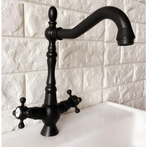 Black Oil Rubbed Brass Dual Cross Handles One Hole Bathroom Kitchen Basin Sink Faucet Mixer Tap Swivel Spout Deck Mounted mnf381