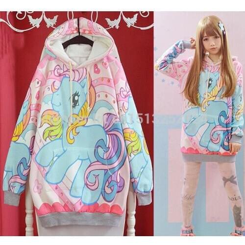 Cute Winter Womens Lolita My Little Pony Horse Kawaii Loose Hoodie Cake Harajuku Long Sleeve Top Tee Fairy Kai Colorful