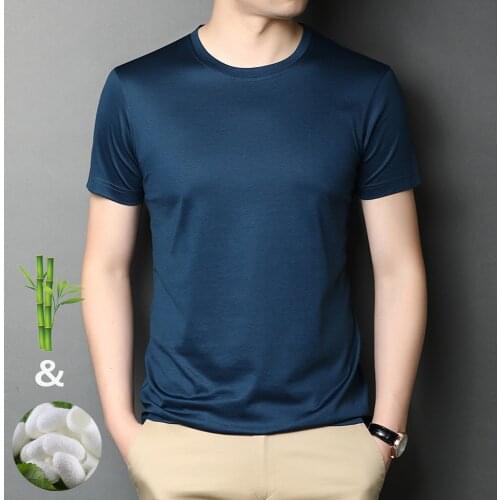 Brand Silk And Bamboo Viscose T Shirt Men Short Sleeve Crewneck Summer Tops Tees Navy Blue White Comfortable Tshirt Cotton XXXL