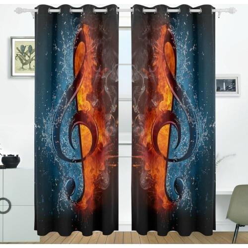 Water And Fire Musical Note Curtains Drapes Panels Darkening Blackout Grommet Room Divider for Patio Window Sliding Glass Door