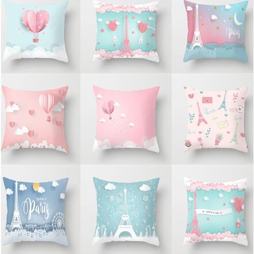 Valentines Day Cushion Cover Romantic Paris Tower Hot Air Balloon Throw Pillow Case Office Car Sofa Home Decorative Pillowcase