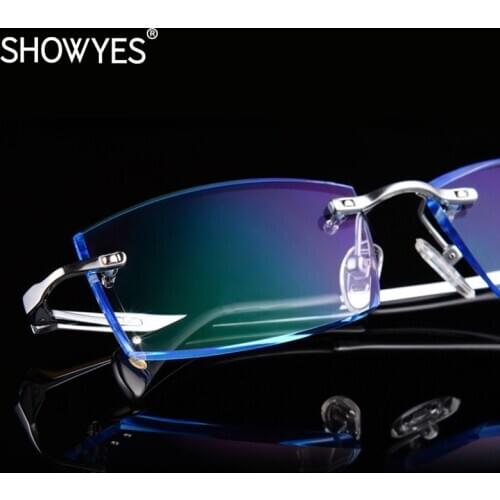 New Business Men Luxury Rimless Titanium Reading Glasses Silver Frameless Sky Blue Rhinestone Diamond Cutting Rimless Ti