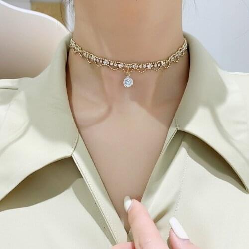 VSnow French Bling Bling Cubic Zircon Chokers Necklace for Women Exquisite Laciness Hollow Out Waterdrop Party Necklace Jewelry