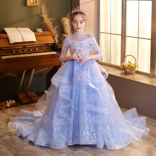 Spring Autumn Luxury Children Girls New Elegant Appliques Flowers Birthday Wedding Party Princess Tail Dress Model Show Dress