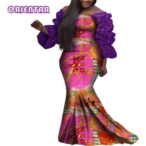 African Dresses for Women Floral Print Glitter Sleeve Long Dress Slash Neck Fashion Wedding Party Dresses Robe Vestidos WY8029