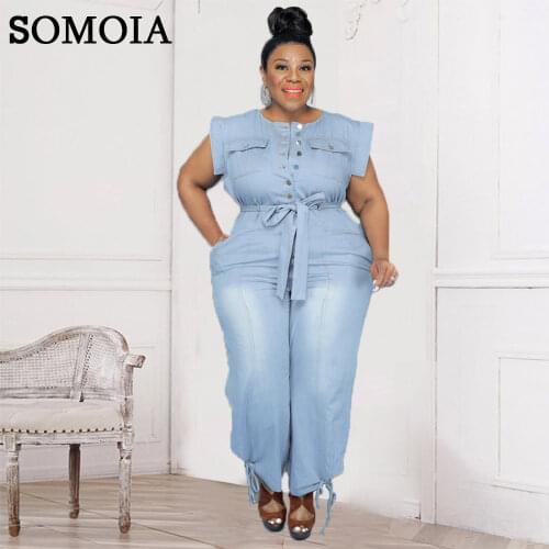 Plus Size Women Clothing Summer Denim Jumpsuit Washed Jeans Romper Buttons Jump Suit Cowboy Wide Leg Pant Jumpersuit Streetwear