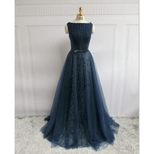 Navy Blue Lace Tulle Evening Dress Floor Length with A small train Shining Sequins Fabric Prom Gowns Real Pictures