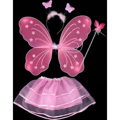 4Pcs colorful stage wear Butterfly Wings Wand Headband Tutu Skirts Kids girls Fairy Princess Costume Sets