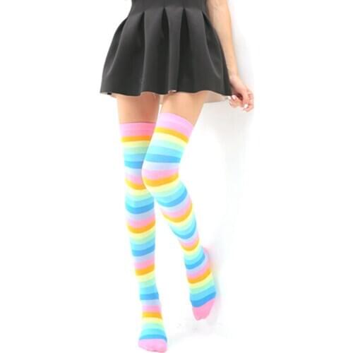 New Women Stockings Cute Cotton Thigh High Mixed Colored Rainbow Striped Long Stockings Knitted Ladies Over The Knee Socks