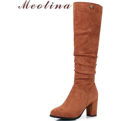Meotina Winter Knee High Boots Women Pleated Thick High Heels Long Boots Zip Round Toe Shoes Female Autumn Black Plus Size 33-43