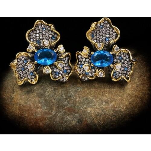 925 Silver Ladies Earrings Inlaid Dark Blue Zircon Flowers Ladies Earrings Jewelry Elegant Fashion Pendant Party Earrings