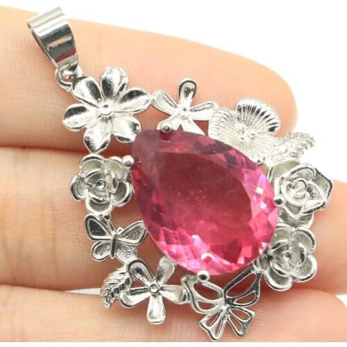 65x18mm Deluxe Long Big Created Pink Tourmaline CZ Ladies Wedding Silver Pendant