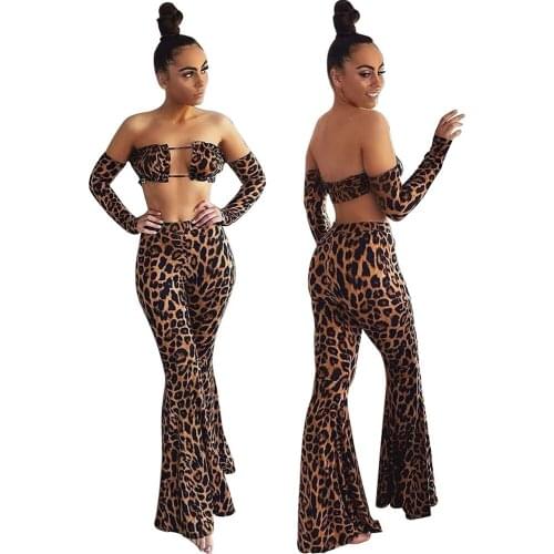 Sexy Bra Leopard 2 Pieces Sets Womens Clubwear Strapless off Sholder Long Sleeve Crop Top and Long Flare Pants for 2021 Summer