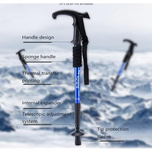 High Quality Outdoor Aviation Aluminum Outdoor T-handle Walking Hiking Stick Nordic Shockproof Adjustment Trekking pole 1/2PCS