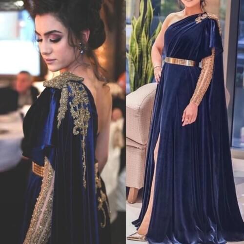 2021 Unique Designer One Shoulder A Line Abric Dubai Evening Dresses Appliques Sequined Formal Gown Split Long Celebrity Dress