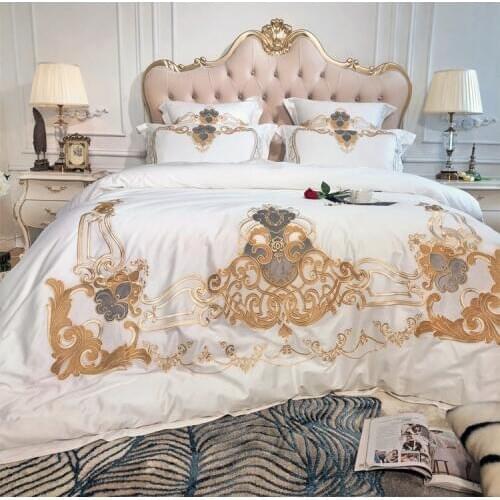 White European Luxury Golden Royal Embroidery Egyptian Cotton Bedding Set Duvet Cover Bed Linen Bed sheet Pillowcases 4/7pcs