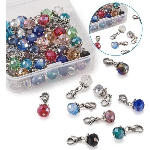 Pandahall 56pcs Electroplate Faceted Glass Pendants Drop Charm Bead with Lobster Claw Clasp for Dangle Earrings Jewelry Making