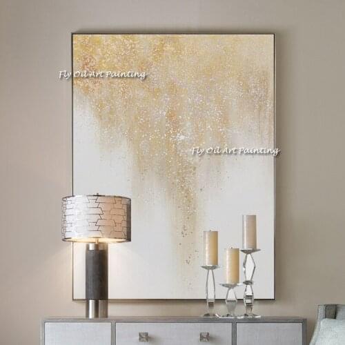 Handmade Abstract White Light Gold Canvas Painting Minimalist Style Wall Art Pictures for dAisle Studi dining Room Decor