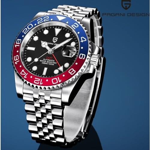PAGANI DESIGN Mens Automatic Mechanical Watches 100M Waterproof Ceramic Bezel Stainless Steel 40MM GMT Watch Relogio Masculino