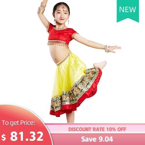 Children Girls Kids Indian Dancing Wear Top Skirt Veil 3pcs Set Practice Clothes Stage Performance Costume Training Outfits