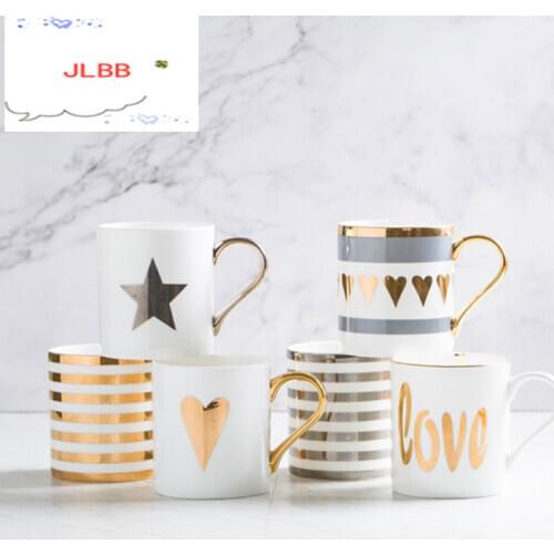 Design White Ceramic Coffee Mugs and Tea Cup with Mental Gold Handle, Glitter Heart, Star, Stripe Printing, Gift for Creativity