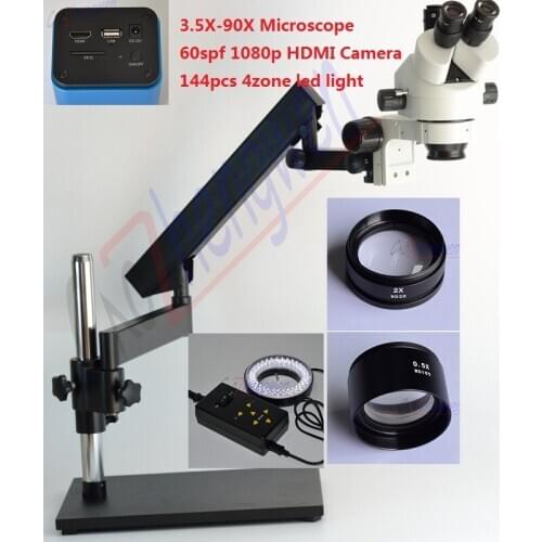 FYSCOPE HDMI 60fps Camera Heavy Base Articulating Microscope 3.5X-90X Trinocular Zoom Microscope+ 144pcs 4zone led light