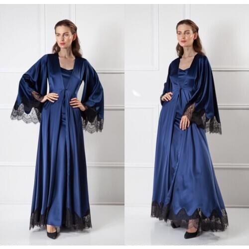 Two Pieces Blue Women Sleepwear Bathrobe Long Silk Kimono Dressing Gown Babydoll Lace Lingerie Bath Robe Camisola De Dormir