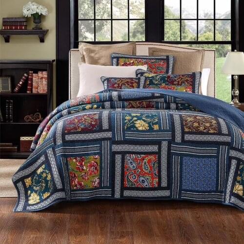 CHAUSUB Vintage Bedspreads Cotton Quilt Set 3pcs Quilted Quilts Handmade Patchwork Coverlet Shams King Queen Size Blue Bedding