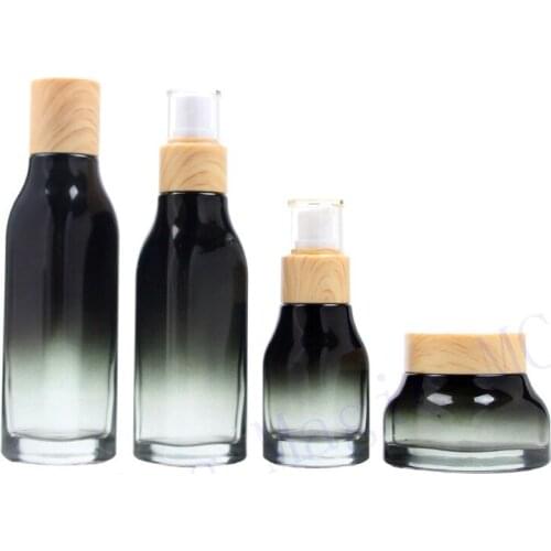 120ml Square black gradient glass lotion bottle Pure Dew Bottle withpress pump Wood grain Cap Essence liquid Skin Care packaging