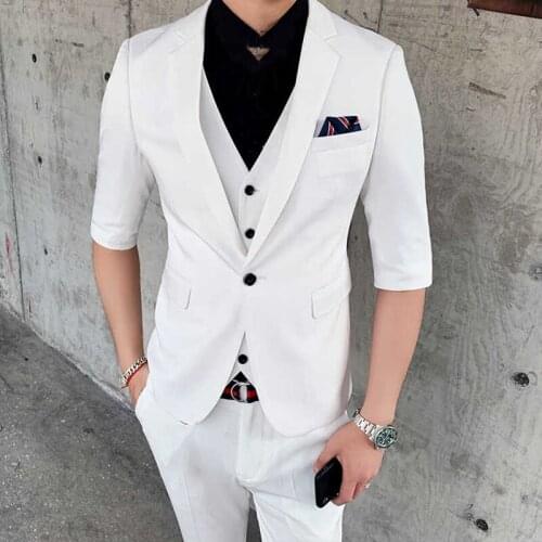 Summer Tailor Made Fashion White Male Short Sleeve Suit Coat Slim Fit Groom Tuxedo For Wedding Party Costome (Jacket+Pants+Vest)