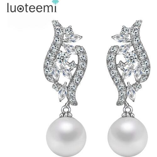 LUOTEEMI Luxury Wedding Earrings Jewelry AAA Cubic Zircon Imitation Pearl Drop Earrings for Women Free Shipping White Gold Color