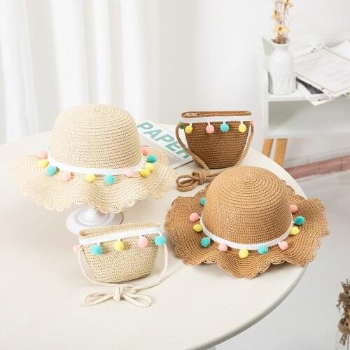 Sweet Girls Toddler Sunhat Travel Sun Cap Children Spring Flowers Straw Hat Handmade Fisherman Cap Kids Beanies Portable Handbag