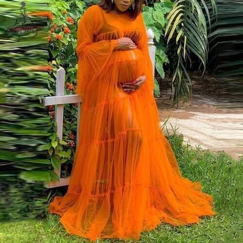 Fashion See Through Maternity Robe Women Dress Long Sleeves Sheer Tulle Maternity Dresses for Photo Shoot Orange Nightwear Robes