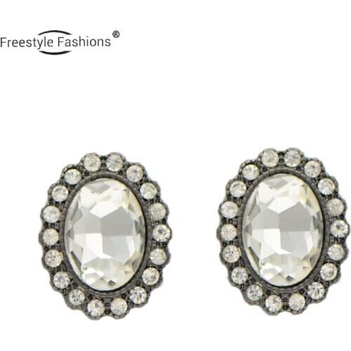 Fashion trendy Oval glass gem crystal stone Zinc alloy stud earrings for women