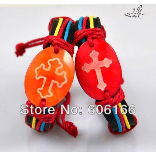 NEW 12pc/lot Shell Cross Wristband Leather ID Bracelets Mix Color Catholic Christian Fashion Religious Jewelry Free Shipping